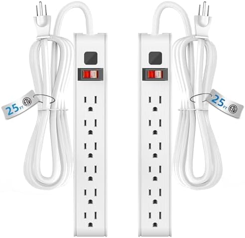 TiFFCOFiO Surge Protector Power Strip, 25 Feet Extension Cord, 600 Joules Surge Protection, Multiple Protection 6 Outlet Strip, 14 AWG Cord, 15A/1875W, ETL Listed (2 Packs, 25 FT) by TiFFCOFiO