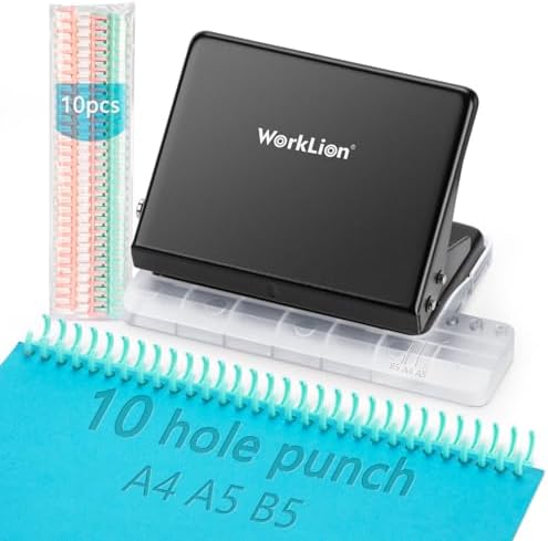 Binding Machine for Planner： WORKLION Metal 10 Hole Punch&Multi Color 30 Hole Loose Leaf Binder Rings(10 pcs) for Making 26 Holes on B5 Paper, 30 Holes on A4, 20 Holes on A5 Book, Black by WORKLION