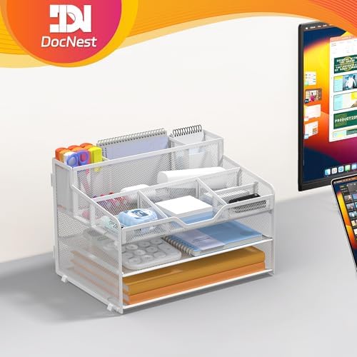 Docnest 3 Tier Mesh Desk Organizer with Letter Tray & Paper Sorter, White - Image 6