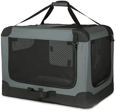 Amazon Basics Portable Folding Soft Dog Crate, 4-Doors, Collapsible Travel Kennel for Cat, Dog, and Small Animals, Quick Setup, Small 26" x 18" x 18", Grey by AmazonBasics