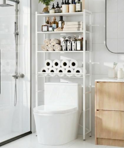 4-Tier Over-the-Toilet Storage Rack with One-Piece Wooden Shelves & Open Net Basket, Bathroom Organizer with Adjustable Feet & Anti-Tip Kit, Space-Saving Toilet Shelf, White, 24.4" x 9.4" x 69.3" by Unknown