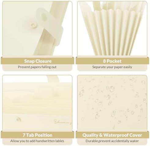 SKYDUE Expanding File Folder, Accordion File Organizer with 8 Pockets, Expandable Document Paper Receipt Holder for School Office Hospital, Letter/A4 Size Beige - Image 4