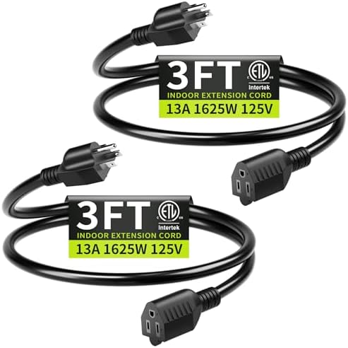 16/3 Black Extension Cord 3FT 2Pack Indoor, Short Extension Cord by Seeklyze
