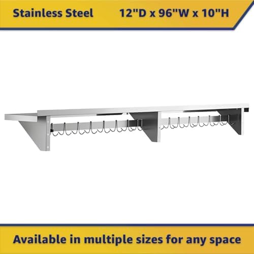 12" x 96" NSF Stainless Steel Wall Shelf, Heavy Duty Pot Pan Rack with Hooks, Commercial Kitchen - Image 2