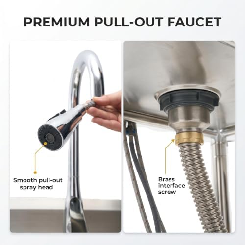 GarveeTech 24x21x36 in Stainless Steel Sink, Freestanding Utility Basin Workstation, Single Deep Bowl Wash Basin - Hot & Cold Brass Pull-Out Faucet - Backsplash, Storage Shelf, Drain Kit - Image 7