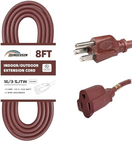 8 Ft Brown Outdoor Extension Cord 16 Gauge Grounded Plug for Lights by HONDERSON