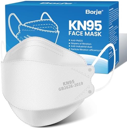 Borje KN95 Face Masks for Adults 50 Pack, 5-Ply White Disposable Face Mask Against PM 2.5 Smoke & Dust, Filtration Efficiency 95% by Borje