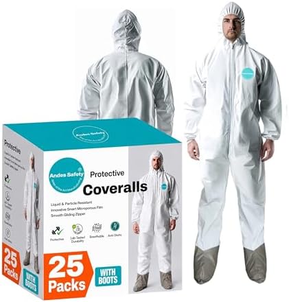 Andes 25 Pack Hazmat Suits with Boots, Lab Coveralls by AndesSafety