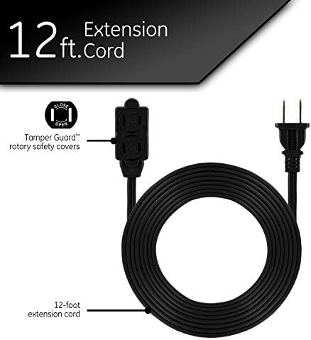 GE 12 Ft Extension Cord, 3 Outlet Power Strip, 2 Prong, 16 Gauge, Twist-to-Close Safety Outlet Covers, Indoor Rated, Perfect for Home, Office or Kitchen, UL Listed, Black, 45152 - Image 2