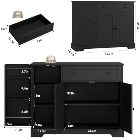 HOSTACK 41" W Kitchen Sideboard Buffet Cabinet, Small Coffee Bar, Black - Image 3