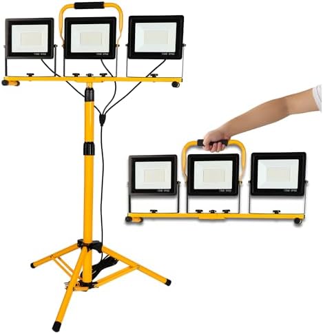 225W 22500 Lumen Work Lights with Stand, Three Head LED Work Light with Individual Switch, 16FT Power Cord, IP66 Waterproof, Adjustable Metal Telescoping Tripod for Indoor and Outdoor by Yaoledly
