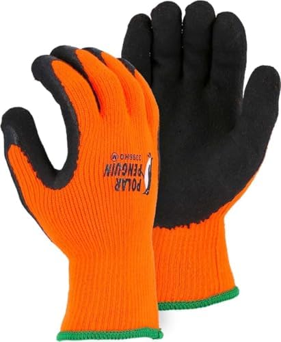 Majestic Polar Penguin Winter Lined Napped Terry Glove with Foam Latex Dipped Palm | 1 Dozen - LG | ANSI A2, Heavyweight Glove, Hiviz Orange/Black | for Automotive, Industrial, Manufacturing | 3396HO by Majestic
