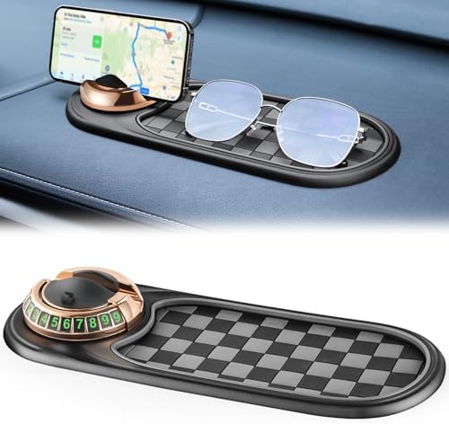LivTee Multifunction Car Anti-Slip Mat, 360° Rotatable Multifunctional Car Dashboard Mobile Phone Holder with Temporary Parking Number, Universal Dashboard Accessories for Organized Storage (BG-Gold) by LivTee