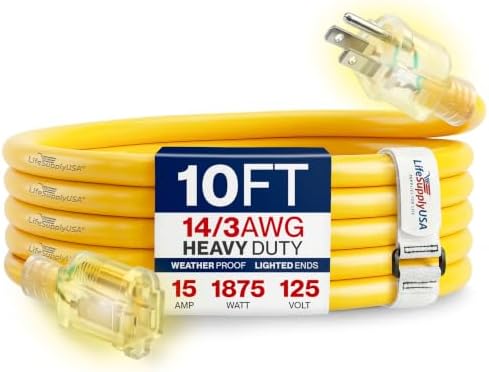 10ft Outdoor/Indoor Extension Cord 14/3 Gauge Heavy Duty 3 Prong SJTW, Waterproof, Flexible Cold-Resistant Long Power Cord,15A 125V 1875W, Yellow by LifeSupplyUSA by LifeSupplyUSA