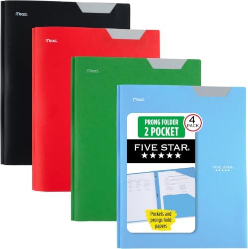 Five Star 2-Pocket Folder,Plastic Folder with Stay-Put Tabs and Prong Fasteners,Holds 8-1/2" x 11" Paper,Black,Fire Red,Forest Green,Pacific Blue (38048),(Pack of 24) by FiveStar