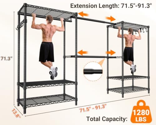 Clothing Rack for Hanging Clothes: Heavy Duty Clothes Rack, 71.5-91" W Expandable Large Closet Storage System with Shelves, 1280 lbs Freestanding Modular Wardrobe Organizer, Black, 4PCS - Image 2