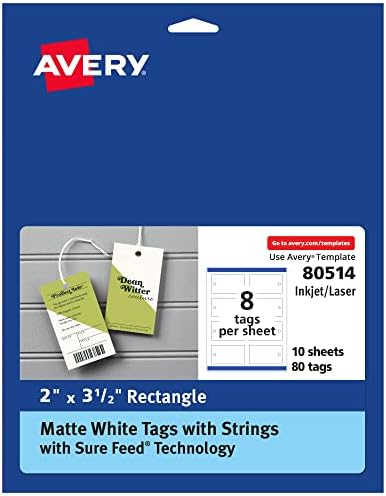 Avery Rectangle Tags, Sure Feed Technology, 2" x 3.5", Matte White, Strings Included, 80 Total, Print-to-the-Edge, Laser/Inkjet Printable (80514) by Avery
