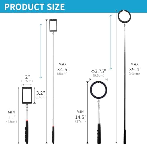 2 Pieces Telescoping Inspection Mirror LED Light Set with Large 3.75" Round Mirror, and 3.3" Square Mirror, Flexible 360 Swivel, for Inspection Viewing, Mechanic Checking, Observation - Image 2