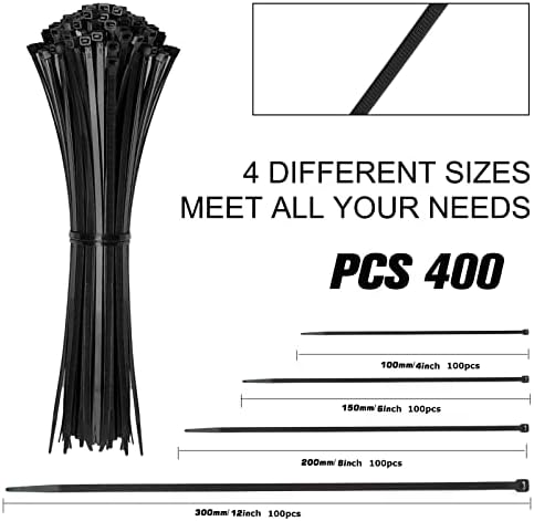 Cable Zip Ties,400 Pack Black Assorted Sizes 12+8+6+4 Inch,Multi-Purpose Self-Locking Nylon Cable Cord Management,Plastic Wire Ties for Home,Office,Garden,Workshop. By HAVE ME TD - Image 2