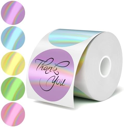 2-Inch Round Holographic Thermal Sticker Labels, with Rainbow Wave and Glitter Deign, Suitable for Every Tags, Custom DIY Logo Applications, 5 Colors, (200Pcs/Roll) by FLYQGGO