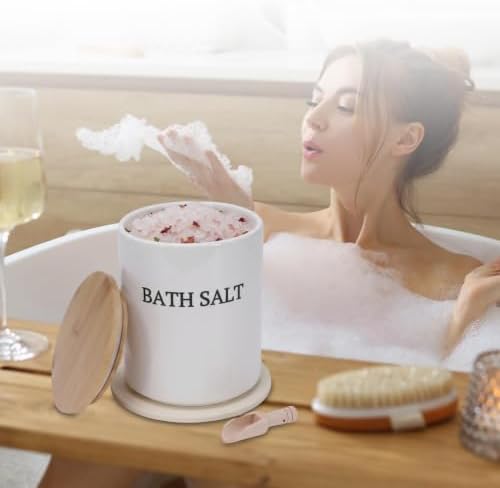 64oz Airtight Ceramic Bath Salt Jar Set - with Wooden Lid, Scoop & Anti-Slip Mat, Opaque Bathroom Storage Organization for Epsom Salt, Spa & Bath Bombs, White-M - Image 5