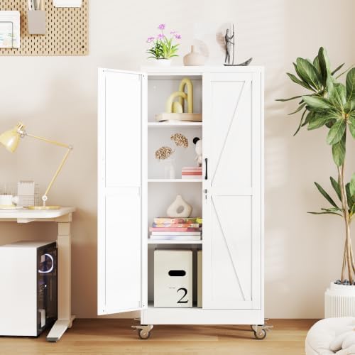 61" Metal Garage Storage Locker Cabinet with Wheels,Rolling White Farmhouse Kitchen Pantry Cabinet with 2 Doors and 3 Adjustable Shelves, Steel File Tool Cabinet for Home Office Warehouse - Image 2