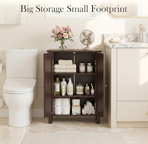 SUPER DEAL Modern Bathroom Floor Storage Cabinet with Adjustable Shelf and Double Door Rust Proof, Living Room Modern Home Furniture Storage Organizer Cabinet, Brown - Image 4
