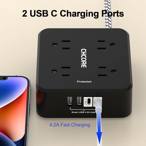 Surge Protector Power Strip - CHCORE 20Ft Braided Extension Cord with 8 Outlets with 4 USB (2 USB C) Charging Ports, Flat Plug Multi Plug Outlet Extender Charging Station for Home Office, ETL, Black - Image 3