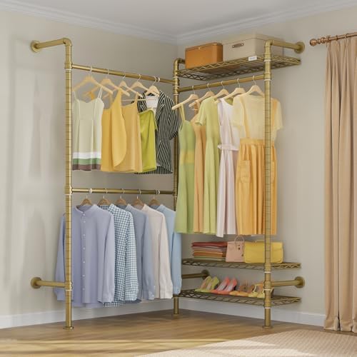 Timate L2 Wall Mounted Clothes Rack Industrial Pipe Clothing Rack for Hanging Clothes, Adjustable Expandable Garment Rack Heavy Duty Closet Organizer, Gold Mounted Closets Industrial Closet System by SturdyWallMountedClothesRack