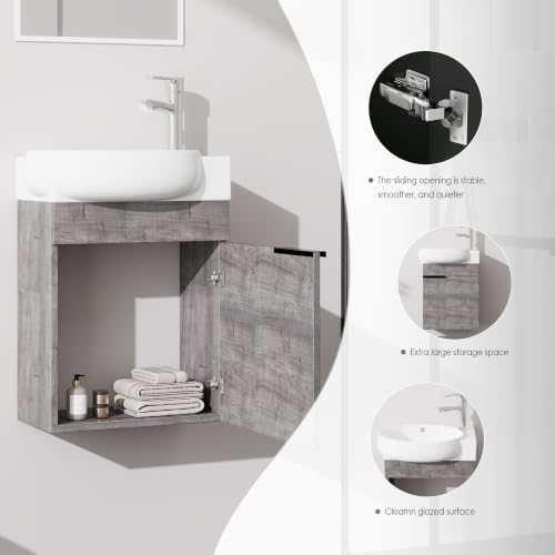 Yishang 16 Inch Grey Wall Mounted Floating Bathroom Vanity with Sink Combo - Image 4