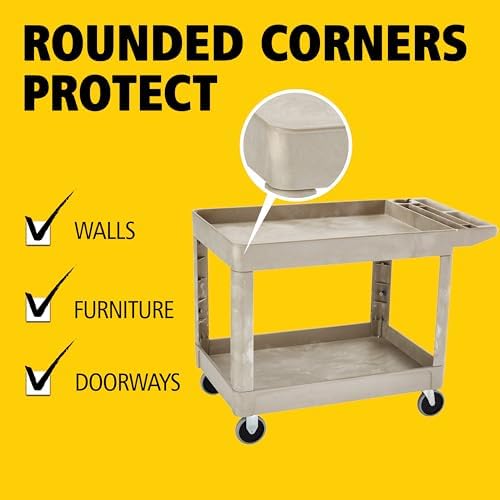 Rubbermaid Commercial Products Heavy Duty 2-Shelf Utility/Service Cart, Medium, Lipped Shelves, Storage Handle, 500 lbs. Capacity, Beige, for Warehouse/Garage/Cleaning/Maintenance - Image 3