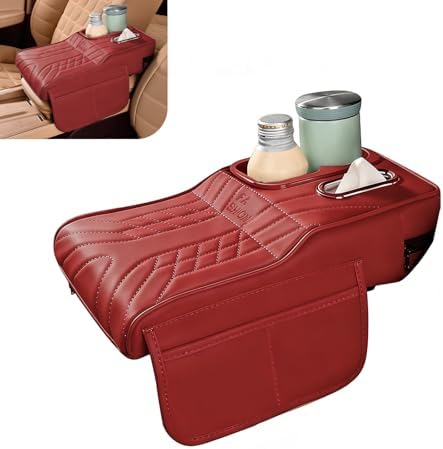 Car Center Console Cover, Waterproof Leather Multifunctional Armrest Booster Pillow with 2 Storage Bags Cup Holder, Tissue Box Slot, Universal for Most Cars with a Pack of Tissues (Red) by Unknown
