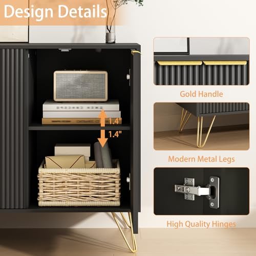 Storage Cabinet with 3 Fluted Doors and Adjustable Shelves, Black丨Modern Wood Accent Table, Sideboard Buffet Cabinet, Console Table for Living Room, Hallway, Entryway - Image 5