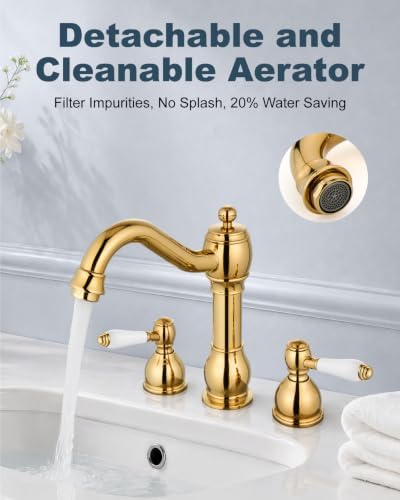Aolemi Widespread Bathroom Sink Faucet 3 Hole White Lever Polish Gold - Image 2