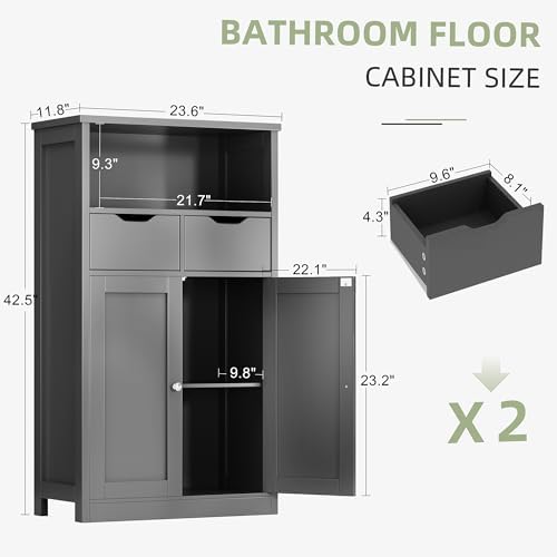 Shintenchi Floor Storage Cabinet, Bathroom Storage Organizer with Doors and Drawers, Freestanding Side Cupboard Pantry with Adjustable Shelf for Bathroom/Kitchen/Livingroom, Gray - Image 3