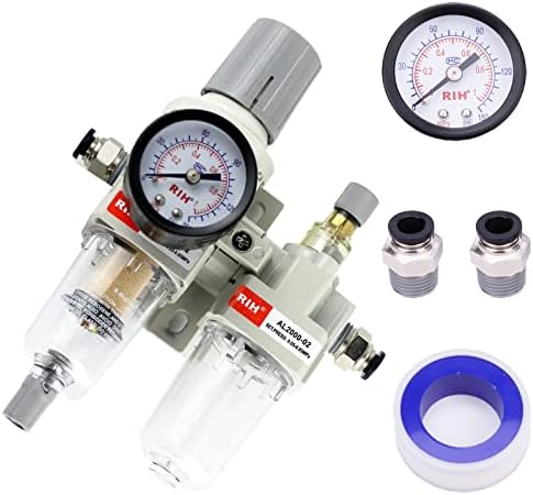 RIH Pneumatics 1/4“ NPT Compressed Air Filter Regulator Lubricator Combo Water/Oil Trap Separator - Gauge(0-150 psi), Auto Drain and Manuall-Drain,Poly Bowl,Bracket - 3 in 1 Two Unit by RIHRightPneumatic
