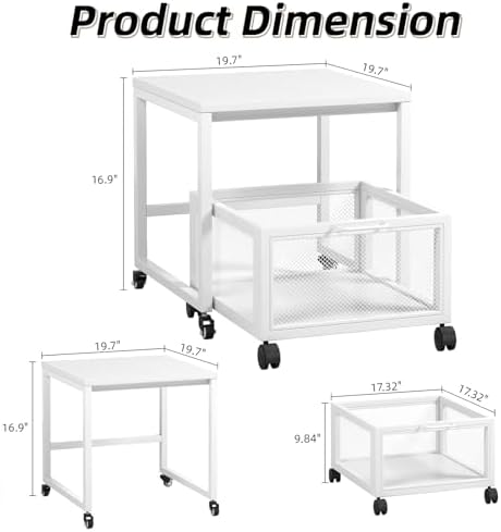 VERMESS End Table, 19.7" Mini Fridge Stand with Storage, Printer Stand with Storage Drawer, Rolling File Cabinet Cart with Wheels, Mobile Printer Beverage Fridge Table for Home Office Bedroom (White) - Image 2