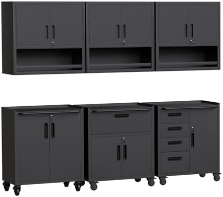 Black Garage Storage Cabinets System 6 PCS Workshop Set with Drawers Locking Heavy Duty Rolling Cart with Adjustable Shelves Garage Tool Workbench Cabinets,6pcs-2 by FLIXELIO