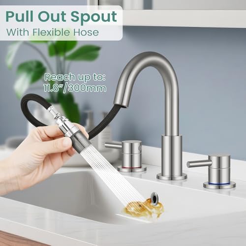 Bathroom Sink Faucet 3 Hole with Pull Down Sprayer, Brushed Nickel - Image 2