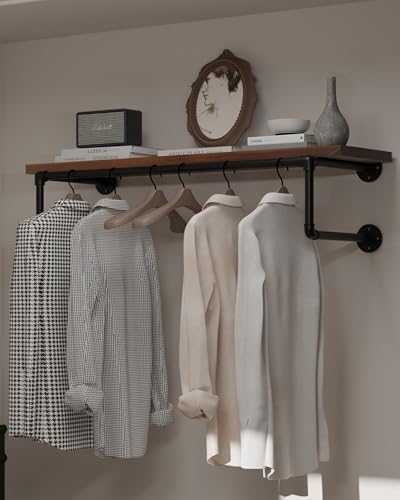 Clothes Rack 36in, Wall Mounted Garment Racks with Real Walnut Wood Shelves, Heavy Duty Hanging Clothes Rack, Multi-Purpose Hanging Rod, Space-Saving Closet Storage by INDUSTRIALSHELVESDESIGN