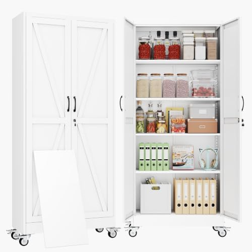 71" Metal Garage Storage Locker Cabinet with Wheels,Rolling White Farmhouse Kitchen Pantry Cabinet with 2 Doors and 4 Adjustable Shelves, Steel File Tool Cabinet for Home Office Warehouse by BAOLIWO