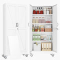 71" Metal Garage Storage Locker Cabinet with Wheels,Rolling White Farmhouse Kitchen Pantry Cabinet with 2 Doors and 4 Adjustable Shelves, Steel File Tool Cabinet for Home Office Warehouse by BAOLIWO