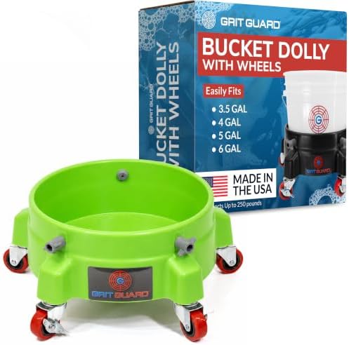 GRIT GUARD Bucket Dolly with Wheels - Rolling Detailing Wash Bucket with 5 Wheels and 2 Locking Casters Compatible with 2.5, 4, 5 and 6 Gallon Buckets (Green, 2" Red Casters) - Made in the USA by GritGuardInc
