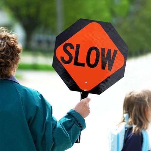 T&R (1 Pack) Stop Slow Sign with Handle, 13 x 13 Inches Double Sided Stop/Slow Traffic Sign, Rust Free Aluminum Reflective, Weather Resistant, Waterproof, Fade Resistant, Easy to Mount(Orange) - Image 5