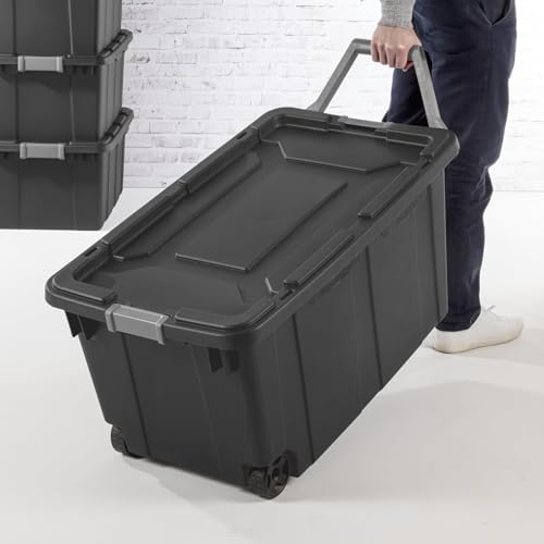 40-Gallon Industrial Storage Bin with Wheels, Heavy-Duty Resin Plastic Tool Box with Locking Lid, Workshop Garage Equipment Organizer, Deep Gray - Image 5