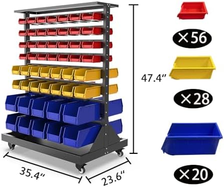 JZD Heavy Duty Rolling Bin Storage Rack, Parts Organizer on Wheels, 104 Bins for Nuts Bolts Hardwares, 8-Tier Double Sides Bin Shelves for Garage Warehouse Factory - Image 2