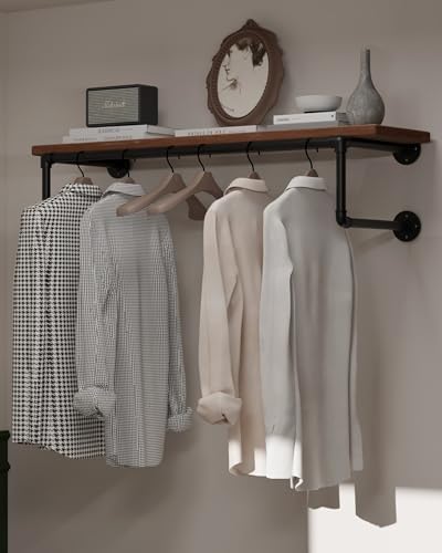 Clothes Rack 36in, Wall Mounted Garment Racks with Brown Real Wood Shelf, Heavy Duty Hanging Clothes Rack, Multi-Purpose Hanging Rod, Space-Saving Closet Storage by INDUSTRIALSHELVESDESIGN