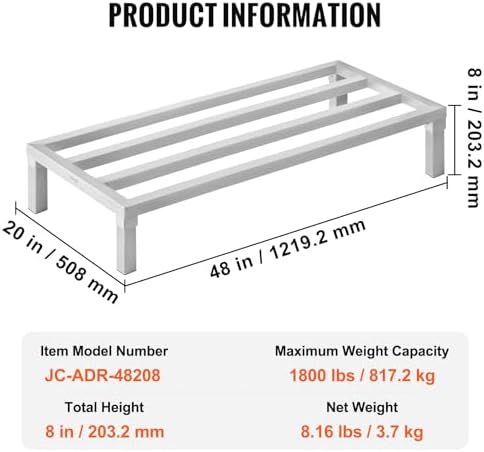 VEVOR Aluminum Dunnage Rack, 48” x 20” Commercial Food Floor Rack, 8” Off the Floor, 1800 lbs Capacity All-Welded Aluminum Storage Rack, for Storage in Restaurants, Kitchens, Garages and Vehicles - Image 7