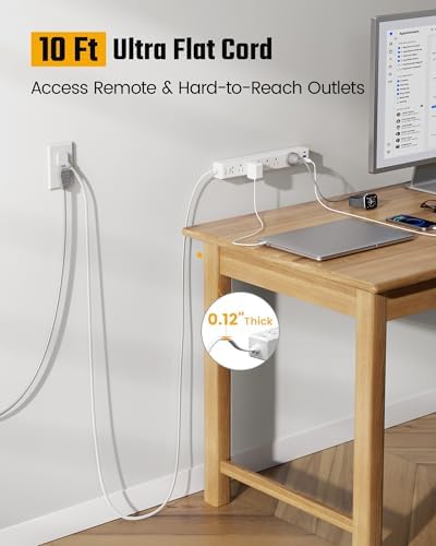 10Ft Flat Extension Cord with Multiple Outlets, Surge Protector Power Strip - Image 2