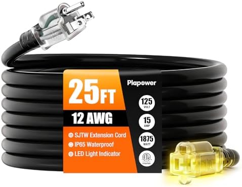 12/3 Gauge Outdoor Extension Cord 25 FT Heavy Duty Waterproof Black by Unknown